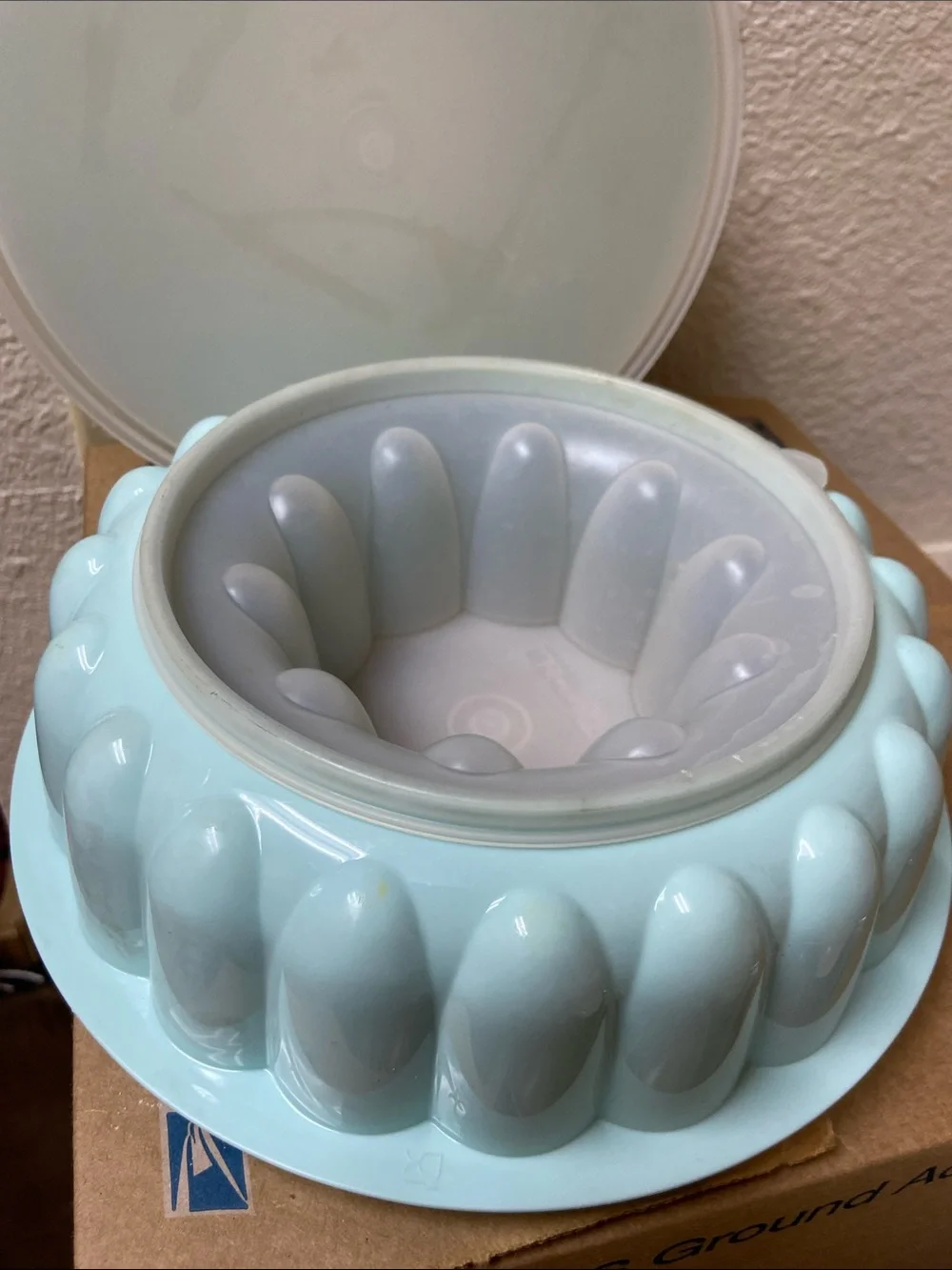 Vtg, Tupperware Jello-Ring Mold Mint Blue Plastic with Lids - Set of Two